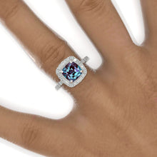Load image into Gallery viewer, 2.5 Carat Cushion Alexandrite Halo Engagement Ring. Victorian 14K White Gold Ring