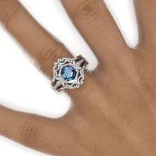 Load image into Gallery viewer, 3 Carat Hexagon Bezel Set Alexandrite Cluster Halo 14K White Gold Engagement Ring Set