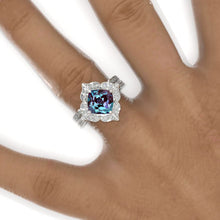 Load image into Gallery viewer, 3 Carat Cushion Alexandrite Halo 14K White Gold Engagement Ring, Eternity Ring Set