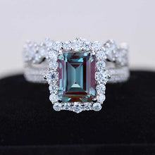 Load image into Gallery viewer, 3Ct Alexandrite Engagement Ring Halo Emerald Cut Alexandrite Engagement Ring, 9x7mm Step Cut Alexandrite Engagement Ring with Eternity Band