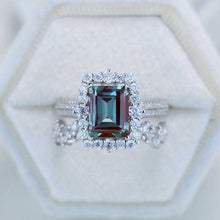 Load image into Gallery viewer, 3Ct Alexandrite Engagement Ring Halo Emerald Cut Alexandrite Engagement Ring, 9x7mm Step Cut Alexandrite Engagement Ring with Eternity Band
