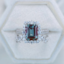 Load image into Gallery viewer, 3Ct Alexandrite Engagement Ring Halo Emerald Cut Alexandrite Engagement Ring, 9x7mm Step Cut Alexandrite Engagement Ring with Eternity Band