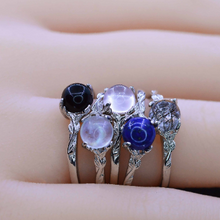 Load image into Gallery viewer, Silver Dainty Natural Moonstone Ring. Round Moonstone Floral Ring