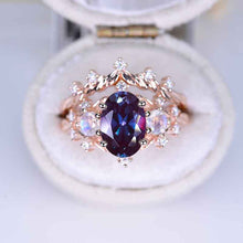 Load image into Gallery viewer, Alexandrite Ring Set, Oval Cut Alexandrite Floral Twig Ring Set, White Gold Ring Unique Curved Ring Set