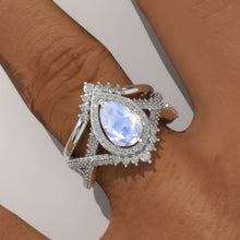 Load image into Gallery viewer, 14K White Gold 1.5 Carat Pear Natural Moonstone Halo Twisted Engagement Ring Eternity Ring Set