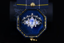 Load image into Gallery viewer, Natural Moonstone Ring Set, Oval Cut Moonstone Floral Twig Ring Set, White Gold Plated Silver Ring Unique Curved Ring Set