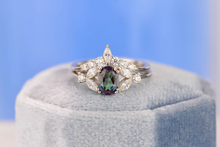 Load image into Gallery viewer, Rhodium Plated Silver Dainty Alexandrite Ring Set, 1.5ct Oval Cut Alexandrite Ring Set, Silver Ring Unique Curved Marquise Cut Ring Set