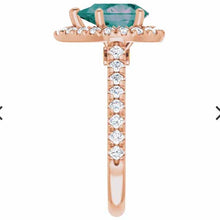 Load image into Gallery viewer, 14K Solid Rose Gold 3 Carat Alexandrite Pear Cut Halo Moissanite Ring