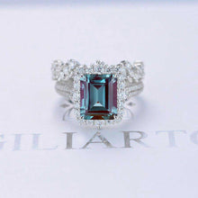 Load image into Gallery viewer, 3Ct Alexandrite Engagement Ring Halo Emerald Cut Alexandrite Engagement Ring, 9x7mm Step Cut Alexandrite Engagement Ring with Eternity Band