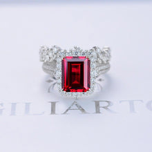 Load image into Gallery viewer, 3Ct Ruby Engagement Ring Halo Emerald Cut Ruby Engagement Ring, 9x7mm Step Cut Ruby Engagement Ring with Eternity Band