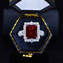 Load image into Gallery viewer, 4Ct Ruby Engagement Ring Halo Emerald Cut Ruby Engagement Ring, 10x8mm Step Cut Ruby Engagement Ring with Eternity Band