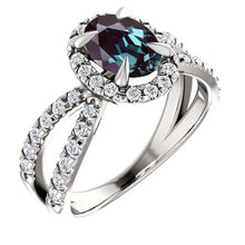 Load image into Gallery viewer, 10K White Gold 1.25 Carat Oval Forever One Alexandrite Diamond Halo French-Set Engagement Ring