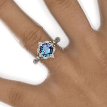 Load image into Gallery viewer, 3 Carat Hexagon Alexandrite Halo 14K White Gold Engagement Ring