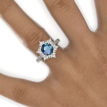 Load image into Gallery viewer, 3 Carat Hexagon Alexandrite Snowflake Halo 14K White Gold Engagement Ring