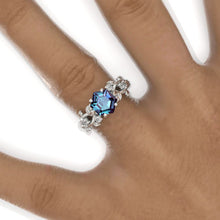 Load image into Gallery viewer, 3 Carat Hexagon Alexandrite Floral 14K White Gold Engagement Ring