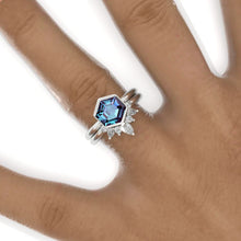 Load image into Gallery viewer, 3 Carat Hexagon Bezel Set Alexandrite Cluster Halo 14K White Gold Engagement Ring Set
