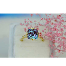 Load image into Gallery viewer, 9x9 mm Cushion Old Mine Cut Alexandrite 14K Yellow Gold Engagement Ring. Promissory Ring Size 7 Ready to ship today