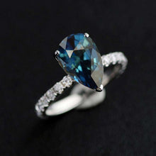 Load image into Gallery viewer, 3Ct Pear Teal Sapphire Hidden Halo Engagement Gold Ring, 11x7mm Pear Cut Teal Sapphire Engagement Ring, Micro pave Accents Stones