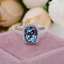 Load image into Gallery viewer, 3 Carat Alexandrite Halo Ring, Alexandrite Engagement Ring, Gold Alexandrite Ring, Elongated Cushion Cut Engagement Ring, Halo Alexandrite Ring