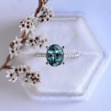 Load image into Gallery viewer, 3 Carat Oval Teal Sapphire Ring, Hidden Halo Gold Engagement Ring