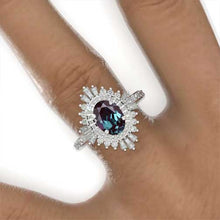 Load image into Gallery viewer, 14K Solid Gold Ring 2CT Oval Halo Alexandrite Vintage Wedding Ring. Engagement Ring Anniversary Ring, Baguette Double Halo Ring