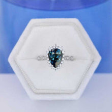 Load image into Gallery viewer, 4 Carat Pear Cut Teal Sapphire Halo 14K White Gold Engagement Ring