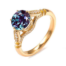 Load image into Gallery viewer, 14K Solid Yellow Gold 2CT Round Alexandrite Solitaire Six Prongs Ring, Vintage Milgrain Engagement Ring Anniversary Promise Gold Ring