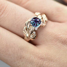 Load image into Gallery viewer, Alexandrite and Diamond Accents 14K Rose White Gold Engagement Leaf Ring, Leaves Wedding