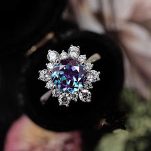 Load image into Gallery viewer, Snowflake Alexandrite Ring. 2.0ct Round Cut Alexandrite Halo Ring Solid 14K White Gold Ring Art Deco Engagement Ring Wedding Ring