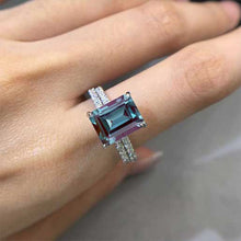 Load image into Gallery viewer, 3Ct Alexandrite Engagement Ring, Solitaire Emerald Cut Alexandrite Engagement Ring, Moissanite Pave Accents Stones Hidden Halo