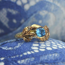 Load image into Gallery viewer, 1.0 Carat Blue Aquamarine and Diamond Accents 14K Rose White Gold Engagement Leaf Ring, Leaves Wedding