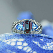 Load image into Gallery viewer, 3.0 Carat Alexandrite 8x6mm Emerald Cut Center Stone and two Pear 6x4mm 2x0.5 Carat Wing Ring with 10K white Gold ring size 9