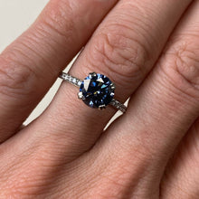 Load image into Gallery viewer, 3 Carat Round Gray Grey Dark Grey Moissanite Silver White Gold Plated Ring, Blue Shade Gray Moissanite Promissory Finger size 7