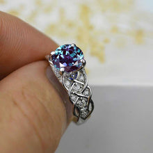 Load image into Gallery viewer, Celtic 2 Ct Alexandrite Round Center Stone Engagement Ring Wedding Ring 24 Diamond Accents Stone 14K White Gold Pink God Rose