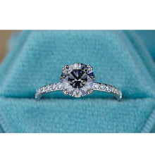 Load image into Gallery viewer, 3 Carat Round Gray Grey Dark Grey Moissanite Silver White Gold Plated Ring, Blue Shade Gray Moissanite Promissory Finger size 7