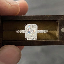 Load image into Gallery viewer, 2Ct Moissanite Engagement Ring, Radiant Cut Moissanite Engagement Ring, Moissanite Pave Accents Stones Hidden Halo with Eternity Ring Set