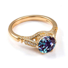 Load image into Gallery viewer, 14K Solid Yellow Gold 2CT Round Alexandrite Solitaire Six Prongs Ring, Vintage Milgrain Engagement Ring Anniversary Promise Gold Ring