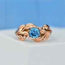 Load image into Gallery viewer, 1.0 Carat Blue Aquamarine and Diamond Accents 14K Rose White Gold Engagement Leaf Ring, Leaves Wedding