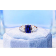 Load image into Gallery viewer, 2Ct Cushion Cut Sapphire Vintage Engagement Ring, Cushion Sapphire Engagement Ring, Marquise Side Accents Stones 14K Rose Gold Ring