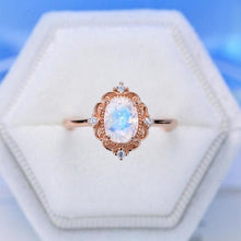 Load image into Gallery viewer, 14K Solid Rose Gold Dainty Natural Moonstone Ring, 2ct Oval Cut Moonstone Ring, Rose Gold Ring Unique Oval Halo Vintage Ring.