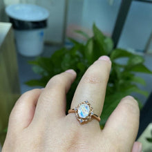 Load image into Gallery viewer, 14K Solid Rose Gold Dainty Natural Moonstone Ring, 2ct Oval Cut Moonstone Ring, Rose Gold Ring Unique Oval Halo Vintage Ring.