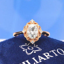 Load image into Gallery viewer, 14K Solid Rose Gold Dainty Oval Moissanite Ring, 1.5ct Oval Cut Moissanite Ring, Rose Gold Ring Unique Oval Halo Vintage Ring