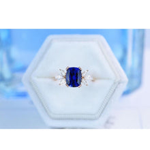 Load image into Gallery viewer, 2Ct Cushion Cut Sapphire Vintage Engagement Ring, Cushion Sapphire Engagement Ring, Marquise Side Accents Stones 14K Rose Gold Ring