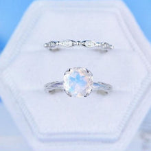 Load image into Gallery viewer, 2 Carat Genuine Moonstone 14K White Gold Engagement. Eternity Ring. Set of Two Rings. Opal Leaf Floral Ring Design, Two Ring Set