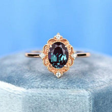Load image into Gallery viewer, 14K Solid Rose Gold Dainty Oval Alexandrite Ring, 2ct Oval Cut Alexandrite Ring, Rose Gold Ring Unique Oval Halo Vintage Ring
