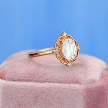 Load image into Gallery viewer, 14K Solid Rose Gold Dainty Oval Moissanite Ring, 1.5ct Oval Cut Moissanite Ring, Rose Gold Ring Unique Oval Halo Vintage Ring