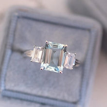 Load image into Gallery viewer, 2Ct Emerald cut Aquamarine ring, Aquamarine three stone ring, natural aquamarine and moissanite ring, genuine aquamarine emerald cut ring