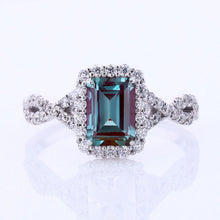Load image into Gallery viewer, 3Ct Alexandrite Engagement Ring, Halo Radiant Cut Alexandrite Engagement Ring, Alexandrite Twisted Shank Engagement Ring.