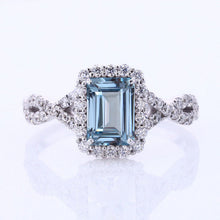 Load image into Gallery viewer, 3Ct Aquamarine Engagement Ring, Halo Radiant Cut Aquamarine Engagement Ring, Aquamarine Twisted Shank Engagement Ring.