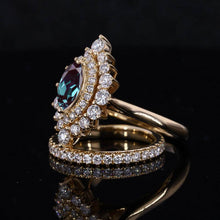 Load image into Gallery viewer, 14K Solid Gold Ring 8x4mm Marquise Double Halo Alexandrite Vintage Wedding Ring. Engagement Ring Anniversary Ring, Pear Side Stones Ring set